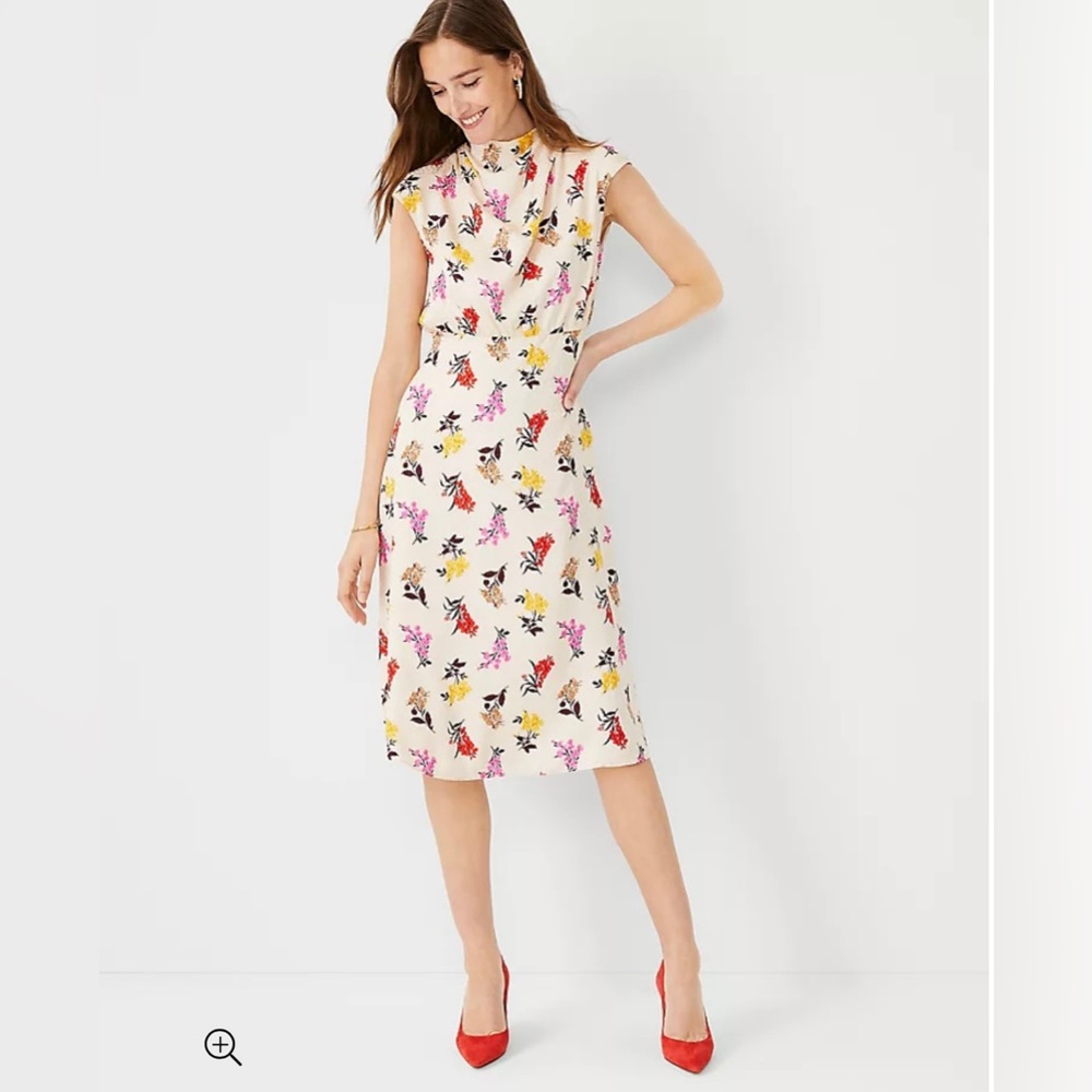 New Ann Taylor Floral Mock Neck Midi Flare Dress